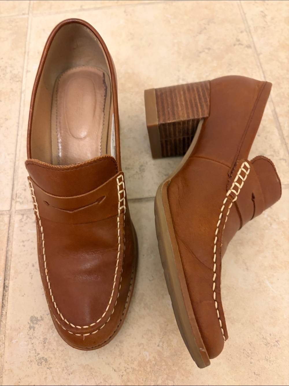 Sperry Chestnut Brown Leather Block Heel Penny Loafers